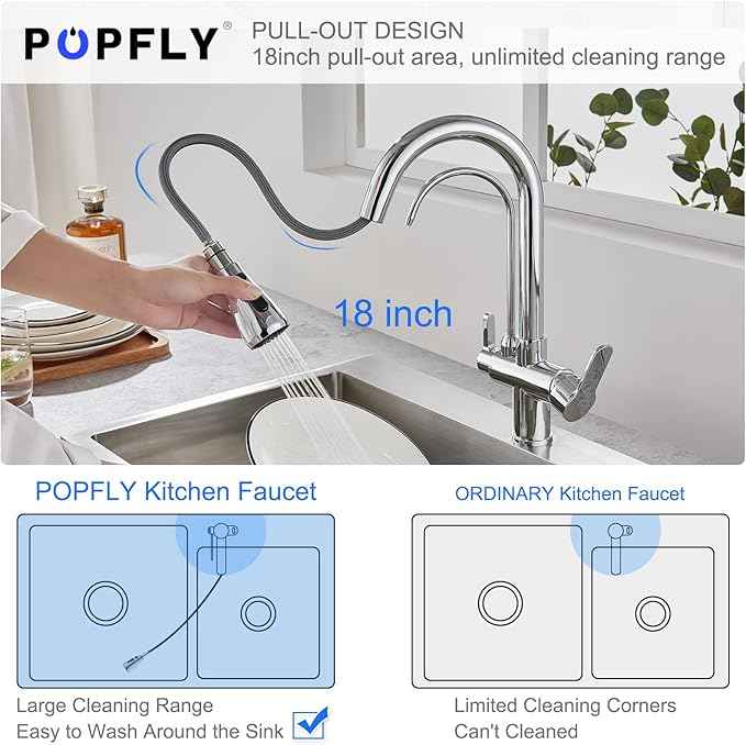POPFLY Kitchen Faucet with Drinking Water Faucet, 3 in 1 Water Purifier Faucet, 2 Handle, 3-Function Pull Down Sprayer, Brass Body, Chrome