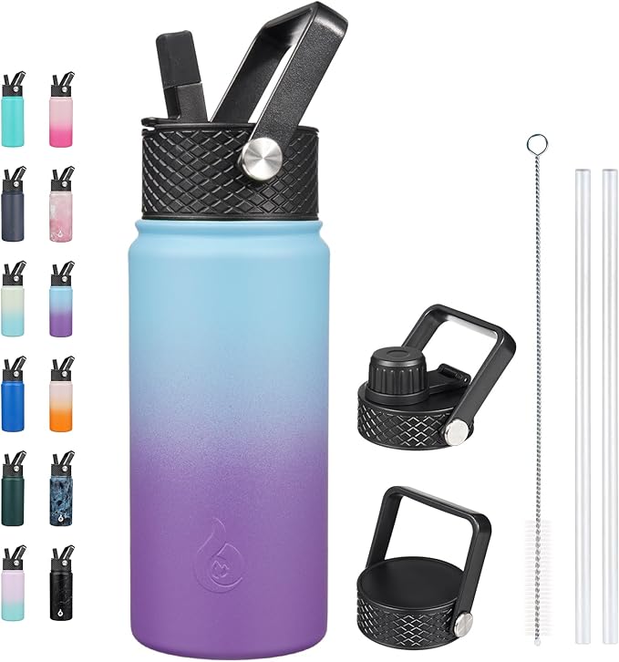 BJPKPK Insulated Water Bottles with Straw Lid, 18oz Stainless Steel Metal Water Bottle, Cold Hot Thermo with 3 Lids, Leak Proof BPA Free Travel Cup, Wide Mouth Flasks, Thermo-Ocean Dream