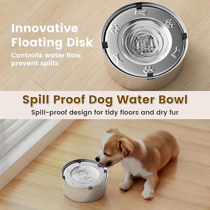 Dog Water Bowl No Spill,3L/101oz Stainless Steel Water Bowl for Dogs, Spill Proof Slow Drinking Dog Water Feeder with Anti-Slip for Medium to Large Messy Drinkers
