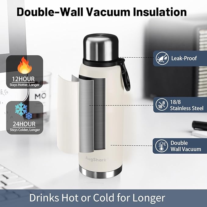 27oz Stainless Steel Insulated Water Bottle Travel Coffee Cup with Lid Leak Proof Metal Water Bottle for Hot and Cold Drink Water Flask (White)