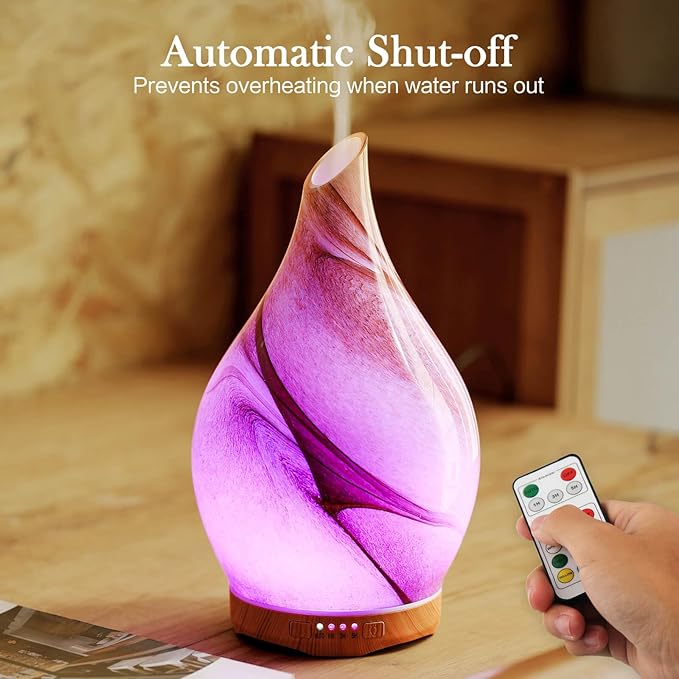 Porseme 280ml Essential Oil Diffuser Glass Color Changing Aroma Air Diffusers Aromatherapy Ultrasonic Cool Mist Humidifier with Remote Control 7 Running Hours Waterless Auto-Off (Desert)