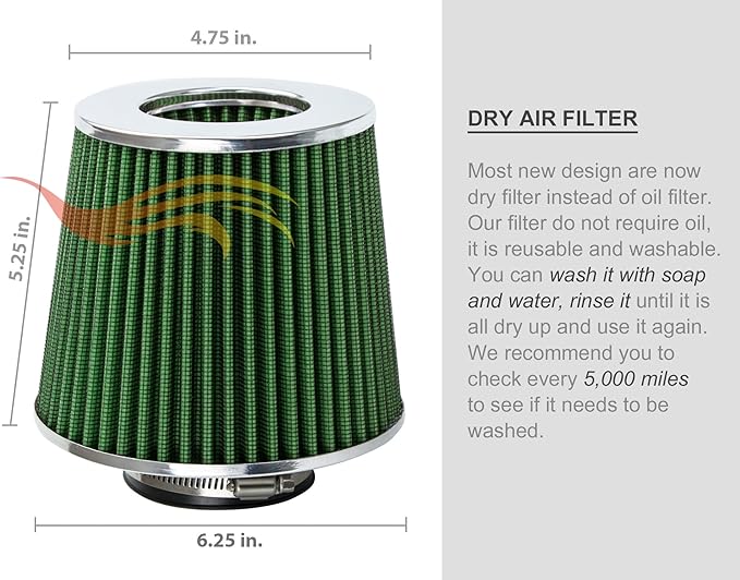 GREEN 3" 76 mm Inlet Cold Air Cone Replacement Quality Performance Washable Clamp-On Dry Air Filter