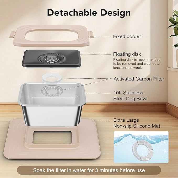 Decflow 10L Stainless Steel Dog Water Bowl, No Spill Anti-Splash Dog Bowls with XXL Silicone Mat, Spill-Proof Slow Feeder for Messy Drinkers, Heavy Duty Pet Bowls Indoor/Outdoor Use