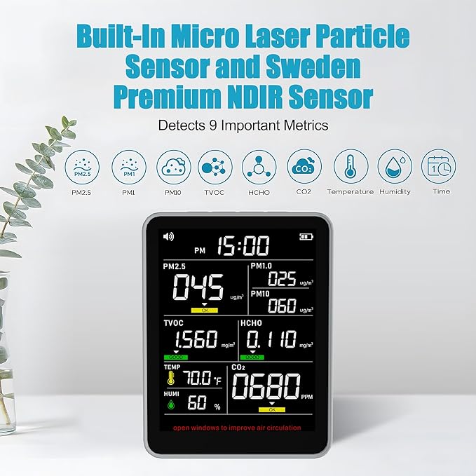 XOOPON 13-in-1 Indoor Air Quality Monitor with PM1.0/2.5/10, CO2, HCHO, TVOC, Temp, Humidity & Time, 4 Alarm Modes, Portable Air Quality Tester for Home, Office, Car, Wall-Mount or Desktop Use