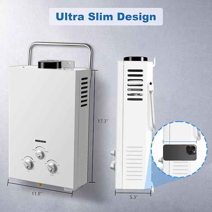 Outdoor Propane Tankless Water Heater - 6L 1.58 GPM Portable Gas Water Heater with Handle & Overheating Protection, Instant Hot Water for RV Cabin Camping Boat Barn