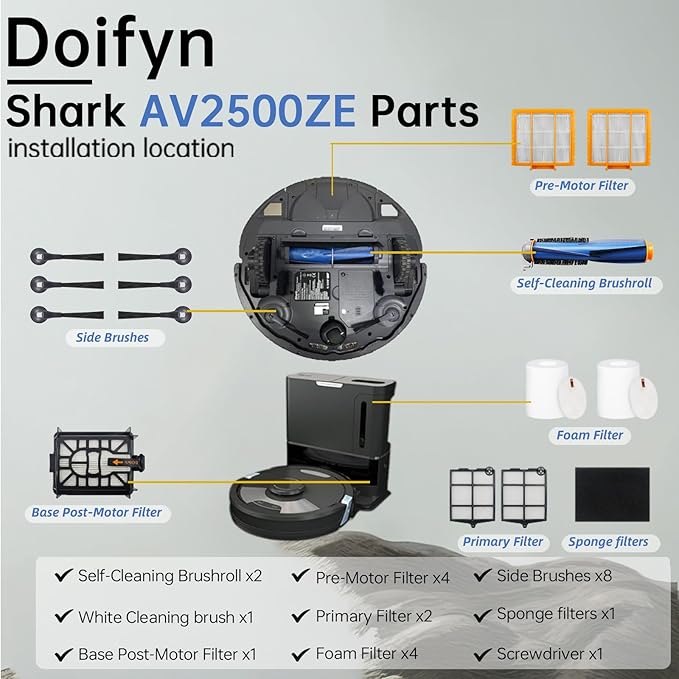 Replacement Parts Compatible with Shark AI AV2501S AV2511AE AV2501AE RV2502AE RV2610WA AV2510AOUS RV2520AOUS Robot Vacuum Cleaner, 2Main Brush, 4 motor pre-filters, 4Foam Filters, 8Side Brushes - AquaVibe