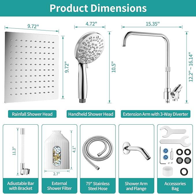 MIAOHUI High Pressure Rain Shower Head with 7 Settings Handheld Spray, Dual Shower Heads with Handheld Spray Combo, 10 Inch Luxury Rainfall Shower Head and Handle Set with Filter (Chrome)