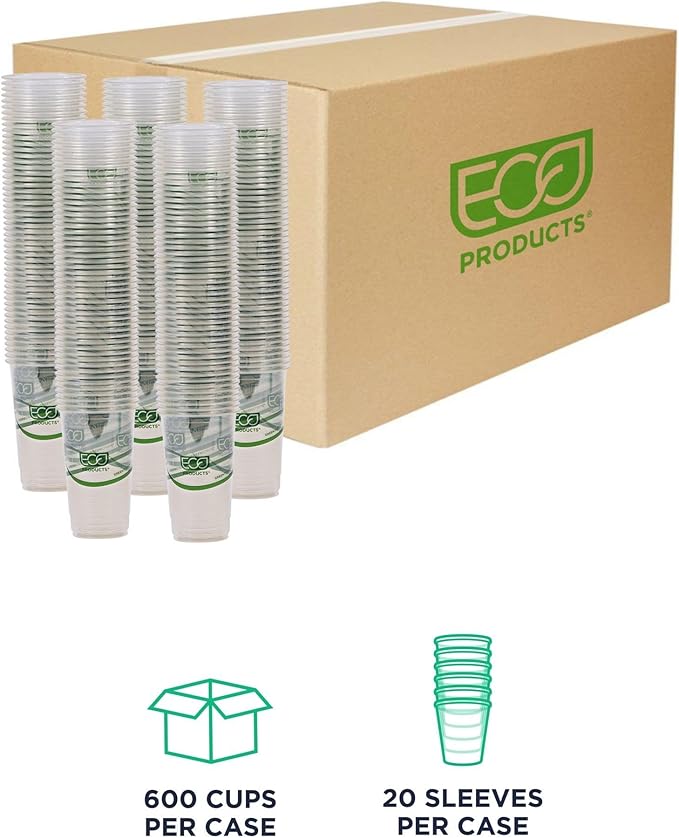 ECO PRODUCTS GreenStripe Clear Compostable 32oz PLA Large Plastic Cups, Case of 600, Disposable Renewable Plant-Based Cold Cups, For Cold Drinks & Snacks, BPI Certified, ASTM Compliant.