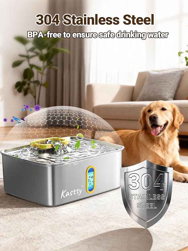 Kastty 15L/3.96 Gal Stainless Steel Dog Water Fountain, Large Capacity Dog Water Bowl Dispenser Quiet LED Light Triple Filtration Cat Water Fountain,Pet Water Fountain Easy Clean(FS78,Yellow)