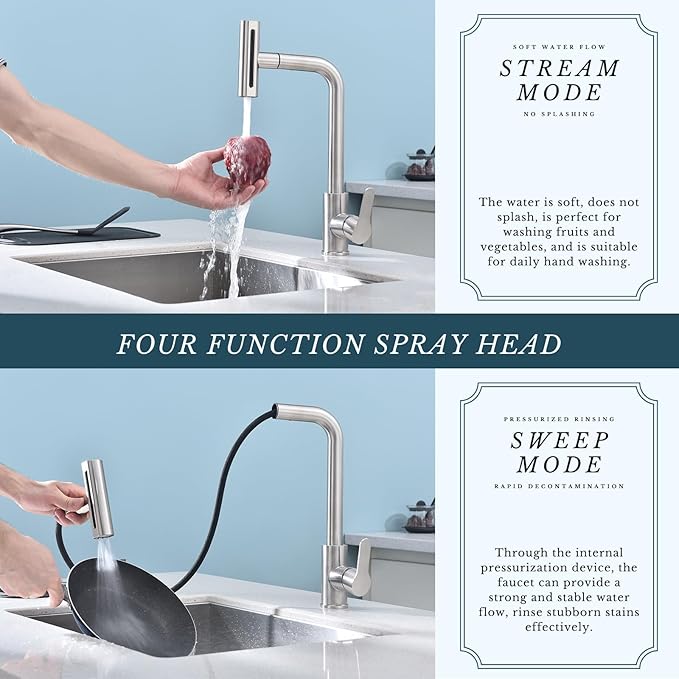 Kitchen Faucet with Pull Down Sprayer SUS304 Stainless Steel Waterfall Kitchen Sink Faucet 4 Functions Brushed Nickel Pull Out Kitchen Sink Faucets Utility Rv for 1 or 3 Hole Sink, KF2-BN