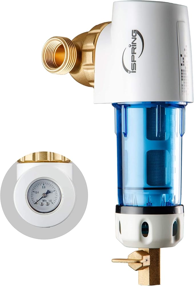iSpring WSP50GR Reusable Spin Down Sediment Water Filter, 50 Micron with Built-in Housing Scraper, 360° Rotatable Head, Pressure Gauge, Blue