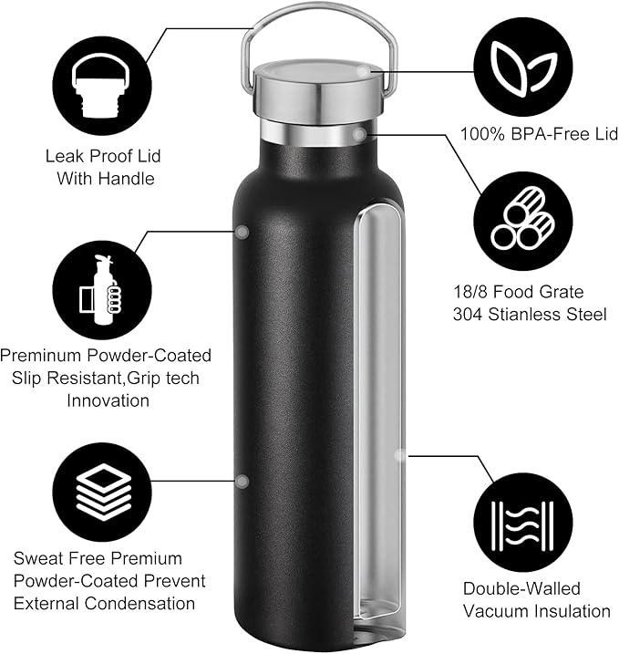Neihepal 20 oz Insulated Water Bottles Bulk 4 Pack,Stainless Steel Double Wall Sport Bottle with Lid of Handle,Metal Reusable Thermoses Flask with Cup Cap for School,Hikers,Gift (Black,Set of 4)