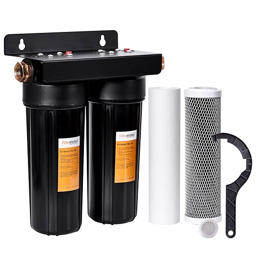 Filterelated RV Dual Water Filter System with 3/4 "Brass Fittings Two Filters Included Reduces Sediment,Chlorine,Bad Taste and Odors,Suitable for RVs,Boats,Farming & Gardening (Black)