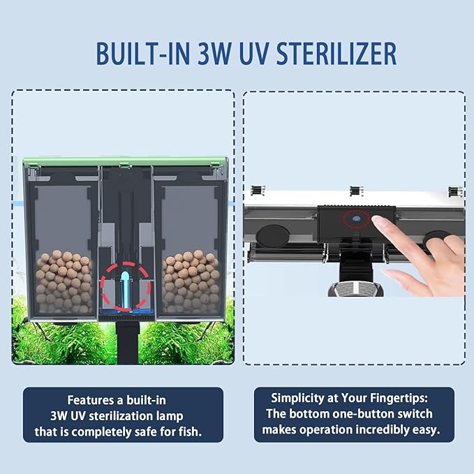 Aquarium Filter Hang on Fish Tank Filters Adjustable Ultra-Quiet Powerful U-V Fish Tank Filter for Aquariums Up to 45 Gal, Green Clean Machine