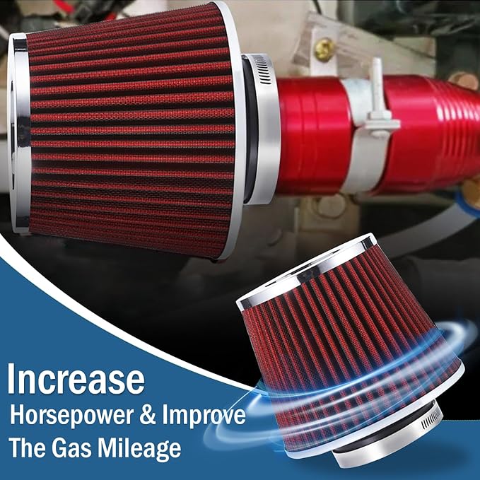Cold Air Intake Filter,Universal Clamp-On Air Intake Filter, High Performance, Washable Filter, Replacement Air Filter, Flange Diameter 3inch/76mm (Red)