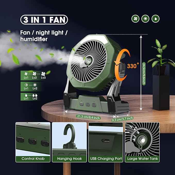Ausic 10W Solar Fan with Mister, Misting Camping Fan with Solar Panel, Portable Outdoor Fans, 8 Inch Battery Operated Rechargeable Cooling Fans with Water Spray for Travel/Beach/Chicken Coop