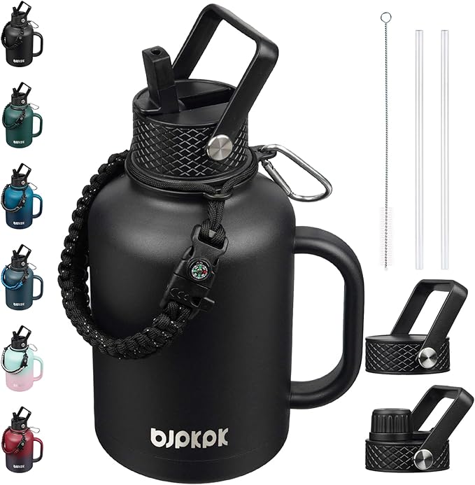 BJPKPK Large Insulated Water Bottles with Straw Lid & Handle, 50oz Water Bottle with 3 Lids and Paracord Strap, Stainless Steel Metal Water Bottle, Insulated Water Jug, Black