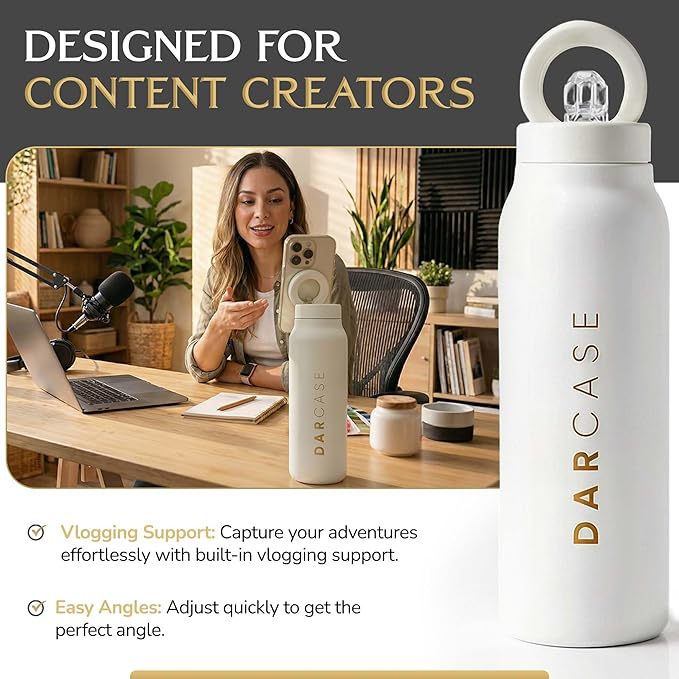 DARCASE Luxury Stainless Steel Water Bottle with Magnetic Phone Mount - Leak Proof Insulated Water Bottle for Workout, Content Creation and Travel - Reusable Bottle with Magnetic Phone Holder - 24oz