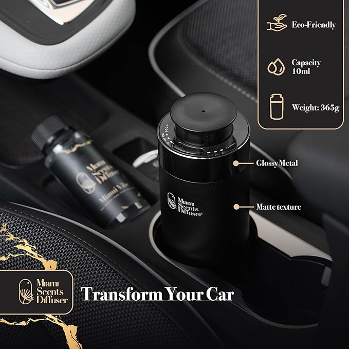 Car Diffuser for Essential Oils + Santal Scent Included Portable Waterless Air Freshener Built-in Battery Ultrasonic Cool Mist Humidifier with 9 Adjustable Modes Aromatherapy for Home Office Bedroom