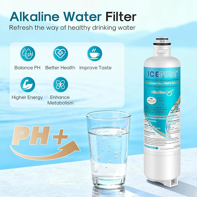 ICEPURE Alkaline BORPLFTR50 Refrigerator Water Filter Replacement for Bosch Ultra Clarity Pro 11032531, 12033030, BORPLFTR55, 12028325, 11025825, B36CT80SNS, WFC100MF, WFS200MF, Enhances PH, 4Pack