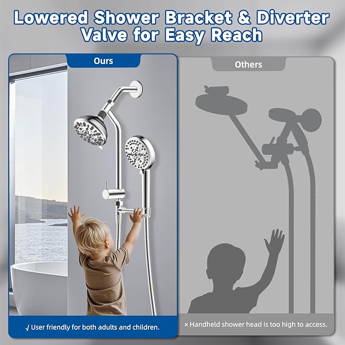 All Metal Dual Shower Head Easy Reach, High Pressure 10-Spray Handheld & Rainfall Shower Head Combo with Shower Extension Arm, 71" Hose, 3-way Diverter, Brass Shower Bracket, Chrome