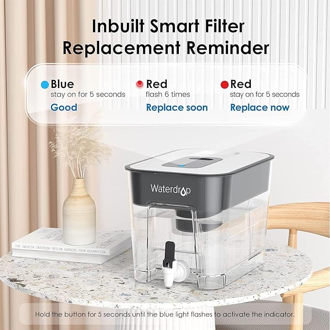 Waterdrop 40-Cup Large Water Filter Dispenser with 4 Filters, 200-Gallon Long-Life, for Home and Office, 5X Times Lifetime, Reduces Chlorine, PFOA/PFOS and More, BPA Free, Black