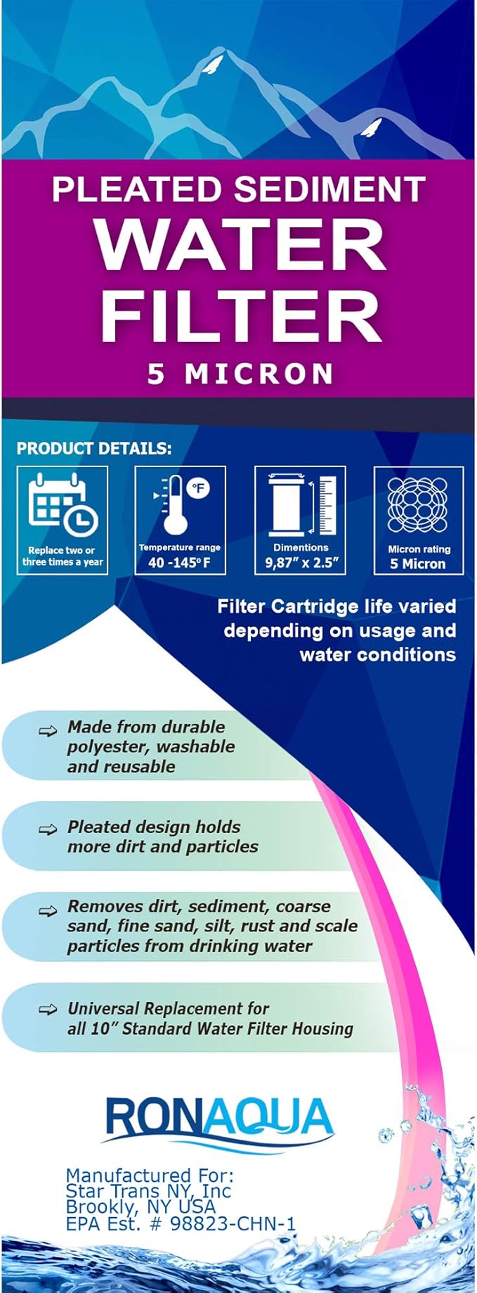 Pleated Sediment Water Filter Cartridge 9.87”x 2.5” Amplified Surface Area, Removes Sand, Dirt, Rust, Extended Filter Life WELL-MATCHED with WHKF-WHPL, 801-50, WB-50W, WFPFC3002, SPC-25-1050 (50 Pack)