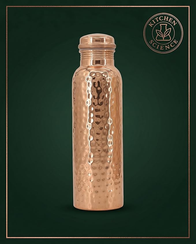 Kitchen Science- Copper Craft 34oz Copper Water Bottle with Canvas Bag – Lab-Tested, Leak-Proof, Heavy Duty, Ayurvedic Drinking Bottle