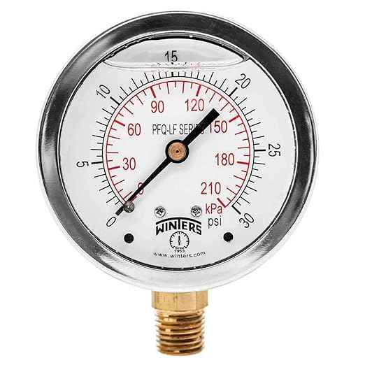 Winters 2-1/2" Dial Size, Liquid Filled Pressure Gauge, Potable Brass Internals, 304 Stainless Steel Case, Dual Scale 0-30 psi/kPa, 1.5% Acc, 1/4" NPT Bottom Mount, Drinking Water Pressure Gauge