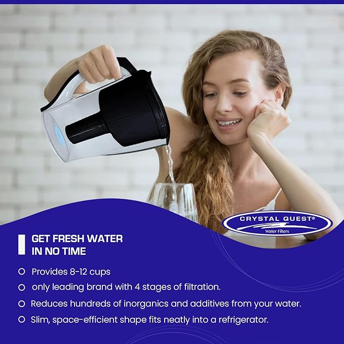 Crystal Quest Water Filter Pitcher - 12-Cup Capacity, 6-Stage Filtration, Includes 1 Long-Life Filter, BPA Free, Meets NSF Standard 42 - Filter Upto 2000 Gallons - Standard (Smart)/Black
