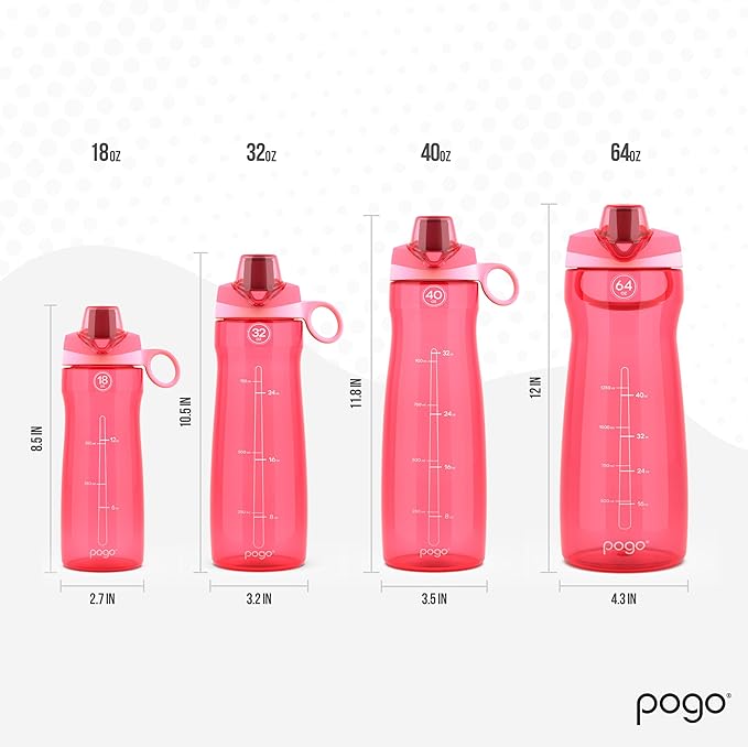 Pogo 64oz Plastic Water Bottle with Leak-Proof Chug Lid and Carry Handle, Reusable, BPA Free, Capacity Markings, Dishwasher Safe, Perfect for Travel, School, Outdoors, and Gym, Pink