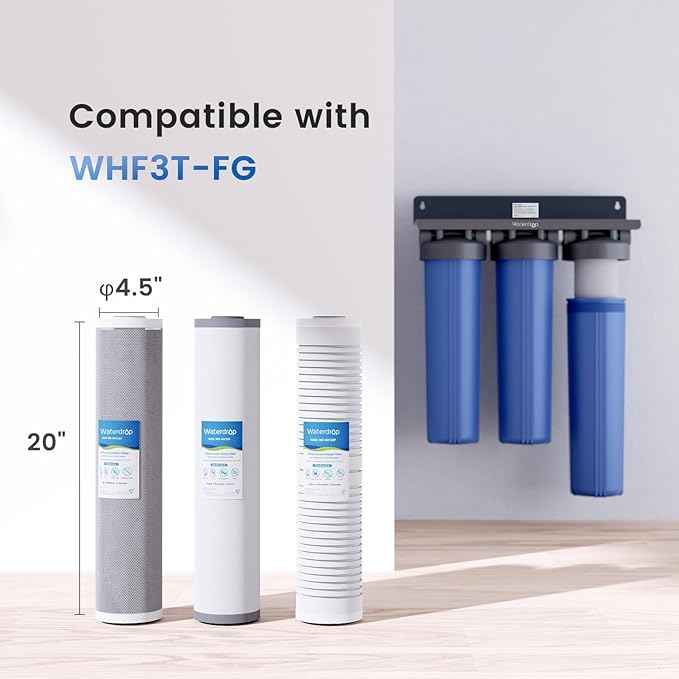 Waterdrop Whole House Water Filter, Carbon Filter, Reduce Iron & Manganese Filter Cartridge, Replacement for, Any 20" x 4.5" System, 5 Micron，WD-WF20PFC