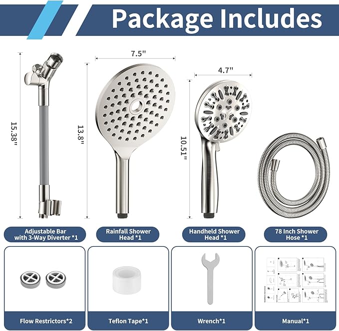 KAIYING Dual Shower Heads with Handheld Spray Combo, High Pressure Modern Rain Shower Head with 9-Mode Handheld Showerhead, Double Rainfall Shower Head with 79-Inch Hose (Brushed Nickel)