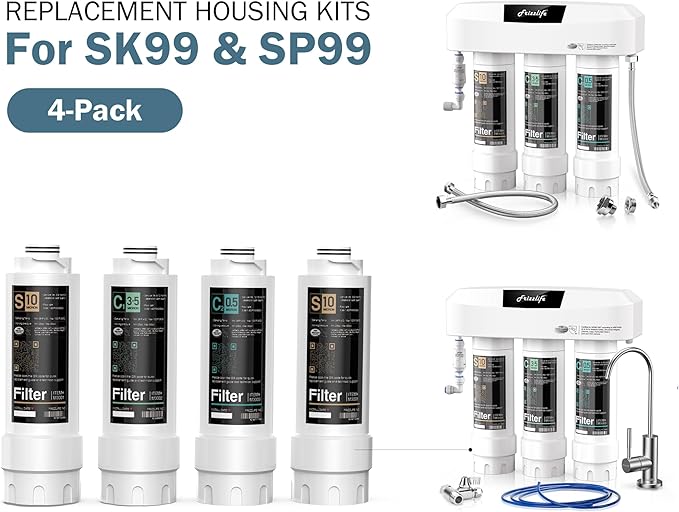 Frizzlife SKP-HF Replacement Housing Kits (4 Pack) With Filter Cartridges Inside for SK99 and SP99 Under Sink Water Filter System