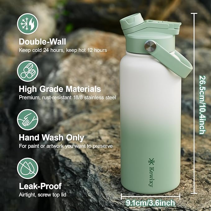 KEWIXY 32 oz Insulated Water Bottle, 2-in-1 Lid, Straw & Spout with Protected, Leak Proof, Keep Cold, Stainless Steel, Metal, Reusable, Handle, for Outdoor, Gym and School, 2 Lids, Iced Mint