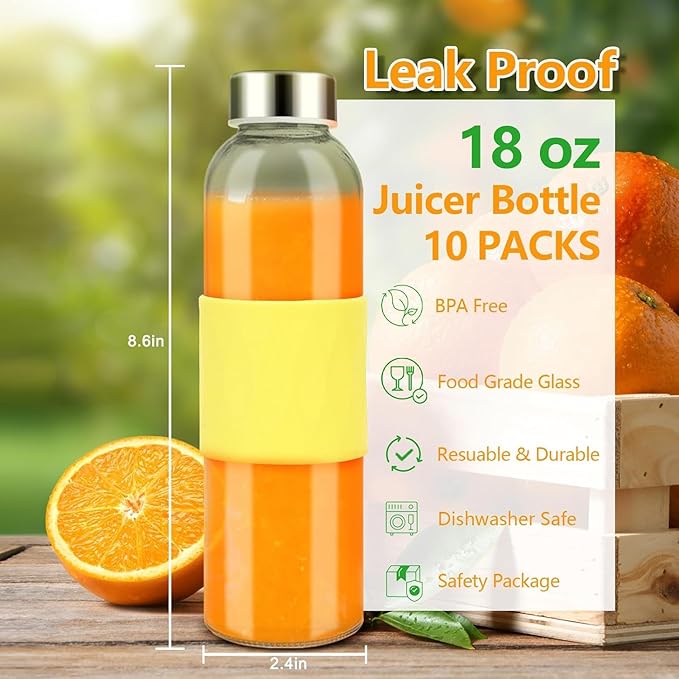 Zukro Glass Water Bottles with Lids & Silicone Grip Sleeve 18 oz, 10 Pack Reusable 100% Leak Proof Juice Bottles With Stainless Steel Cap for Juicing, Smoothie Drinking Jar, Fridge & Dishwasher Safe