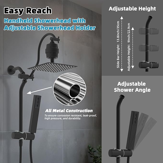Hibbent All Metal 10'' Filtered Rainfall Shower Head, High Pressure Showerhead combo with 4-mode Handheld Spray, 12'' Extension Arm, Extension Bar with Holder, Shower Filter, Matte Black