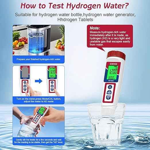 Hydrogen Water Tester,Digital ORP Meter for Drinking Water,6-in-1 pH TDS Tester,pH ORP TDS EC H2 and Temperature Meter for Drinking Water, Hydroponics, Pools, Aquariums Fish