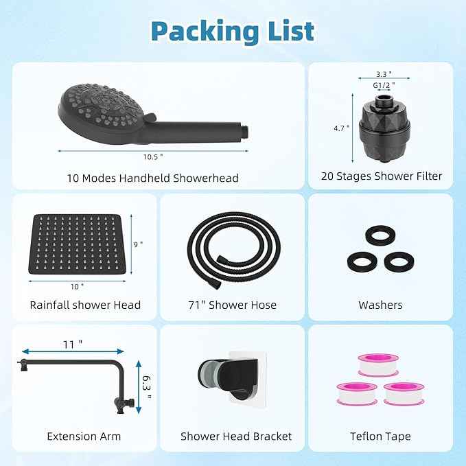 Filtered Shower Head, 10" High Pressure 10-Spray Handheld/Rainfall Shower Head Combo with 20 Stage Shower Filter, 11" Shower Extension Arm, 71" Hose, Shower Head Holder, Oil Rubbed Bronze