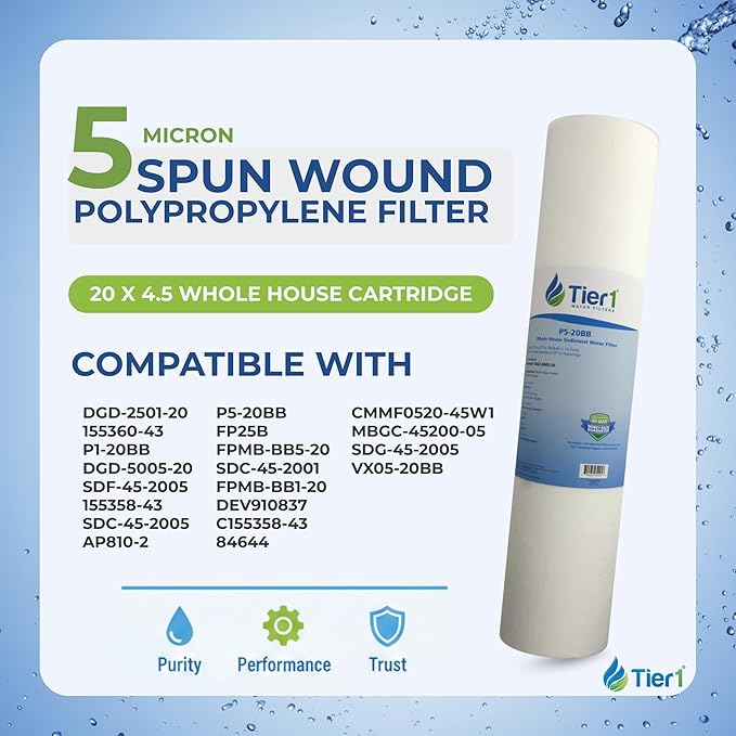 Tier1 5 Micron 20x4.5 Water Filter | Spun Wound Polypropylene Whole House Sediment Pre-Filter Cartridge | Replacement for Pentek DGD-5005-20, SDC-45-2005 | 4.5 x 20 Water Filter Cartridge (2-Pack)