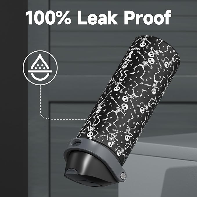 24 oz Insulated Water Bottle with Straw: Meoky Stainless Steel Water Bottle with 2-in-1 Straw Lid - Leak Proof, Cold for 24 Hours, Protective Silicone Base, BPA-Free for Travel Gym, Pop Skull
