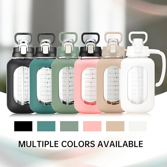 64 oz Glass Water Bottle with Handle and Straw Large 2L Water Bottle with Time Markers and Silicone Sleeve Half Gallon Water Jug BPA Free for Gym Daily Use