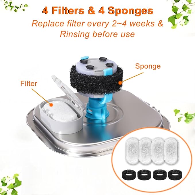 Cat Water Fountain Filters, 4 Filters+4 Sponge Replacement Filters for 108/3.2L and 67oz/2LStainless Steel Pet Water Dispenser for Dog (4 Sets)