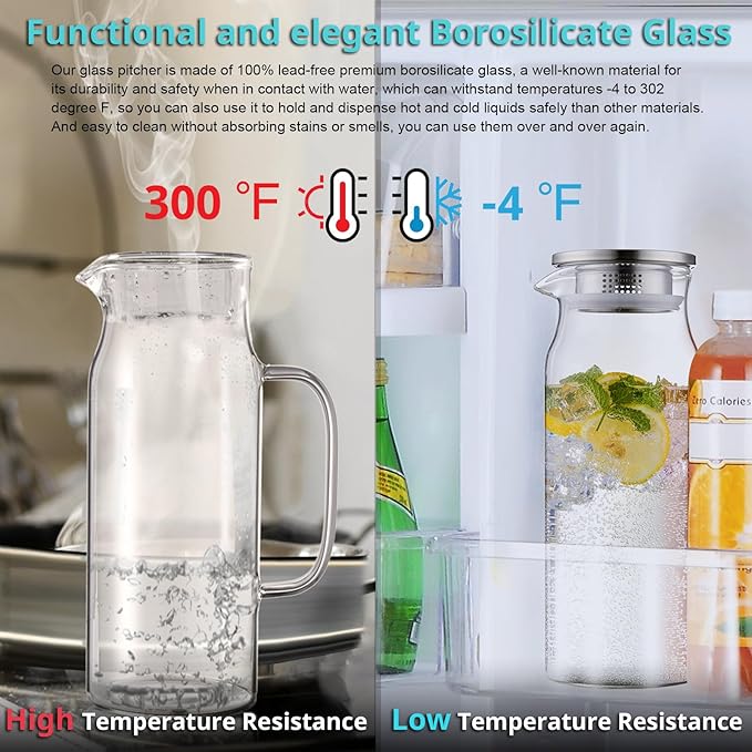 Bivvclaz 1.6 Liter 54 oz Glass Pitcher with Lid and Handle, Glass Carafe Water Pitcher for Hot/Cold Water, Iced Tea, Drinks, Coffee, Juice and Homemade Beverage
