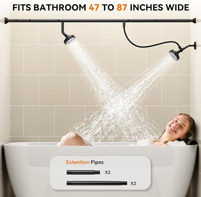 Tandem Shower Head For Couples - Dual High Pressure Shower System For Two People With Adjustable Rod(Black)