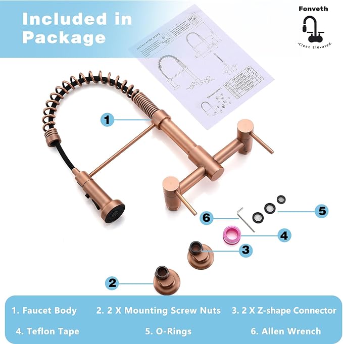 Wall Mount Kitchen Faucet Rose Gold, 8 Inch Center Wall Mount Kitchen Sink Faucet with Pull Down Sprayer with Sprayer Commercial, Red Copper