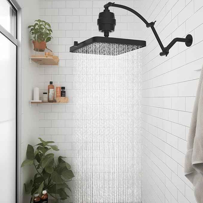 Hibbent Rain Filtered Shower Head, 13'' High Pressure Rainfall 5 Modes Showerhead with 16" Shower Head Extension Arm, Solid Brass Adjustable Shower Arm Extender, 20 Stage Shower Filter, Matte Black