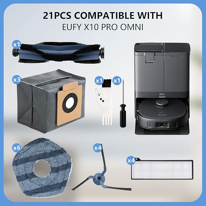 21PCS Accessories Compatible with Eufy X10 Pro Omni Robotic Vacuum Cleaner:1 Main Brush,4 Sweeping Brushes,4 HEPA Filters,4 Vacuum Bags(Deodorant),6 Mop Pads - AquaVibe