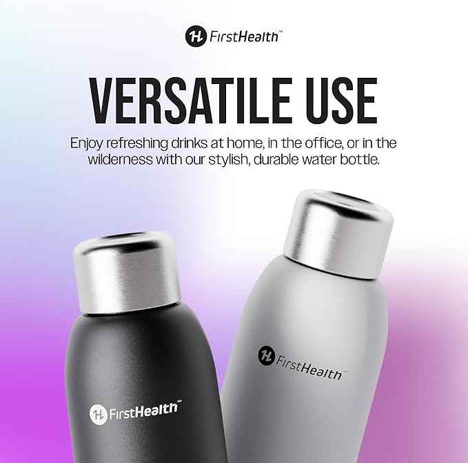 FIRSTHEALTH UV Self-Cleaning Water Bottle, 18oz Insulated Stainless Steel Tumbler with UV-C Purifier, Rechargeable Self-Sterilizing Cap, Kills 99.9% Bacteria, Keeps Drinks Hot 12HR/Cold 24HR