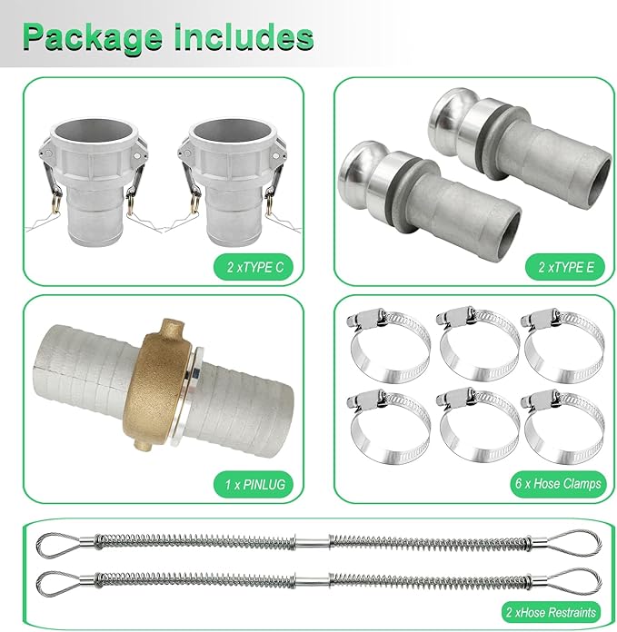 SAFBY 2PCS 2 inch Type C and Type E, Pin Lug, Aluminum Cam Lock Fittings Cam Groove Camlock, Male and Female Adapter with Hose Fitting 2PCS Whip Stop Hose Restraint 6PCS Hose Clamps